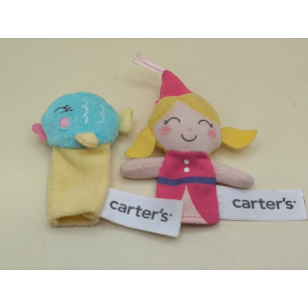 Carter's Plush Finger Puppets Lot Pink Princess & Blue Fish Baby Toys